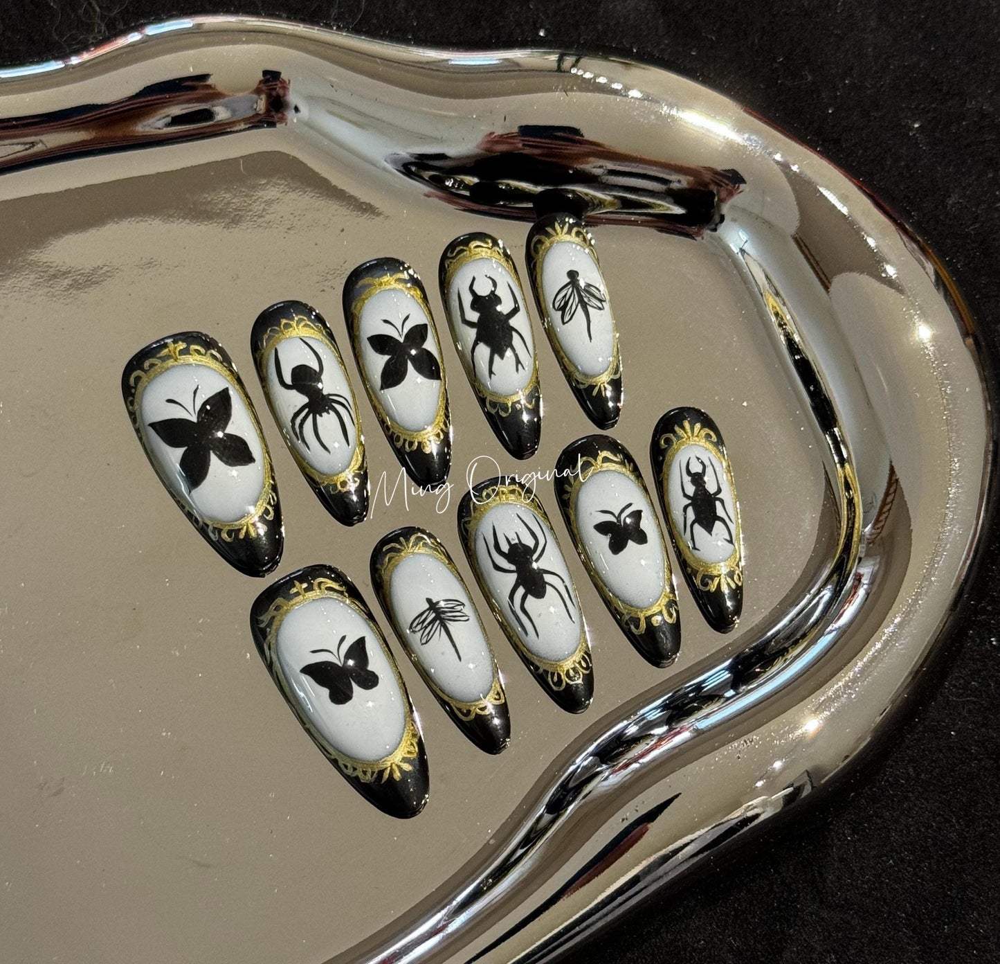 Bug gallery Insect lover press on nails, gold framed beetles butterflies moths reuse nails, fake nail, glue on nail, gift for her, MO273