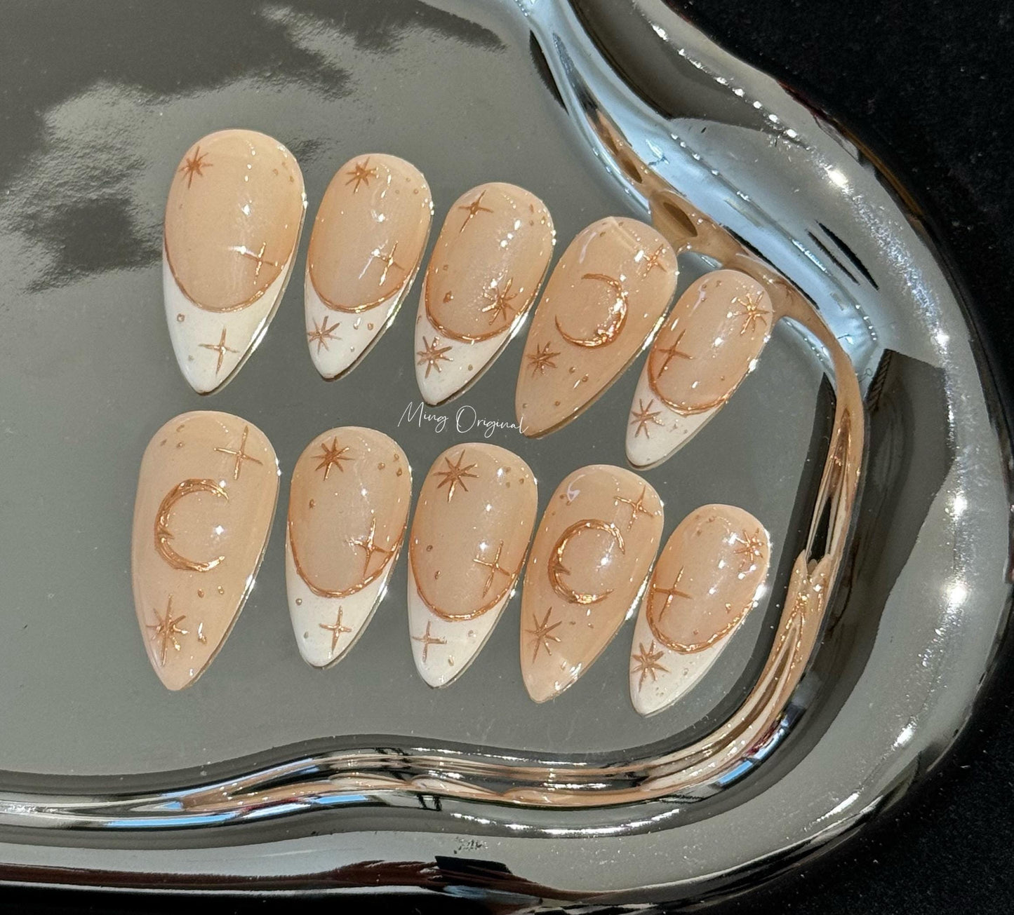 Moon and Star Gold chrome nude Press on Nails, French tip hand painted free style fake Nails, MO254