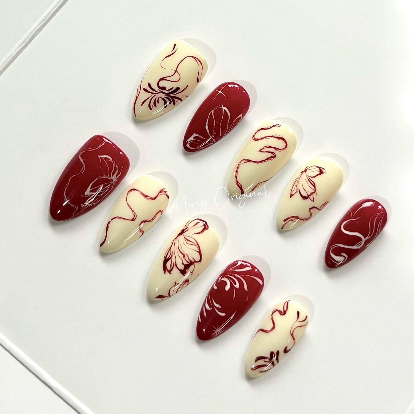 Free style Red butterfly ribbon Press on Nails, hand painted premium handmade Nails, detailed Jelly Nails, glue on nail, gift for her MO342