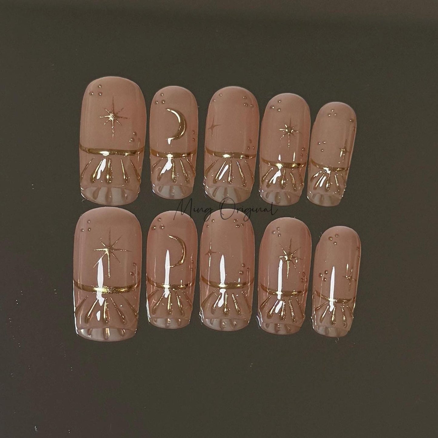Nude Free style French tip Chrome gold press on nails, Everyday nail, nude handmade art nail, wedding bridal nail,  gift for her, MO424