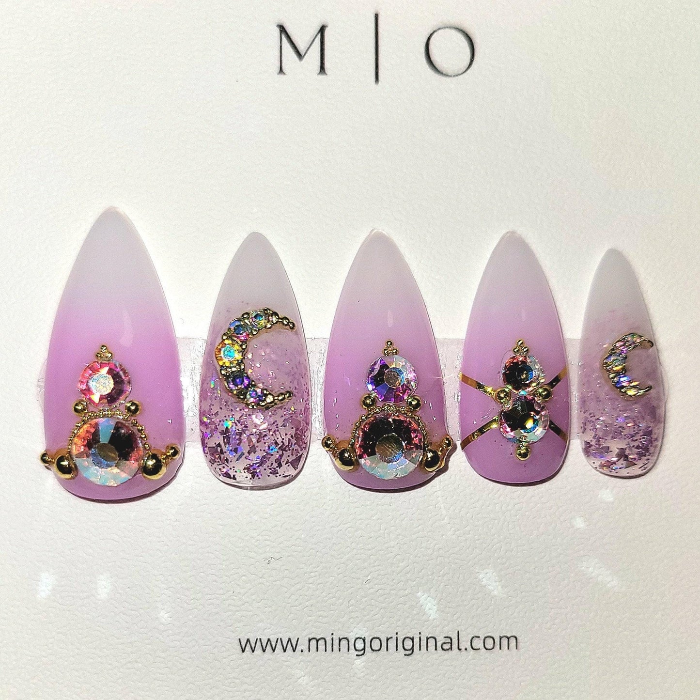 Super glittery AB gem crystal Nail press on, purple holo glitter ombre nail, Faded Milky white ,Celestial moon, gold toned luxurious nail