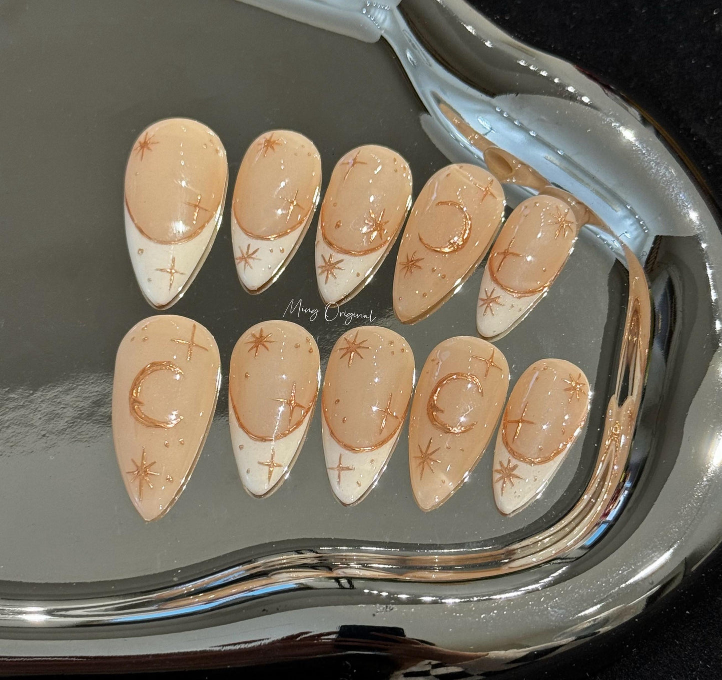 Moon and Star Gold chrome nude Press on Nails, French tip hand painted free style fake Nails, MO254