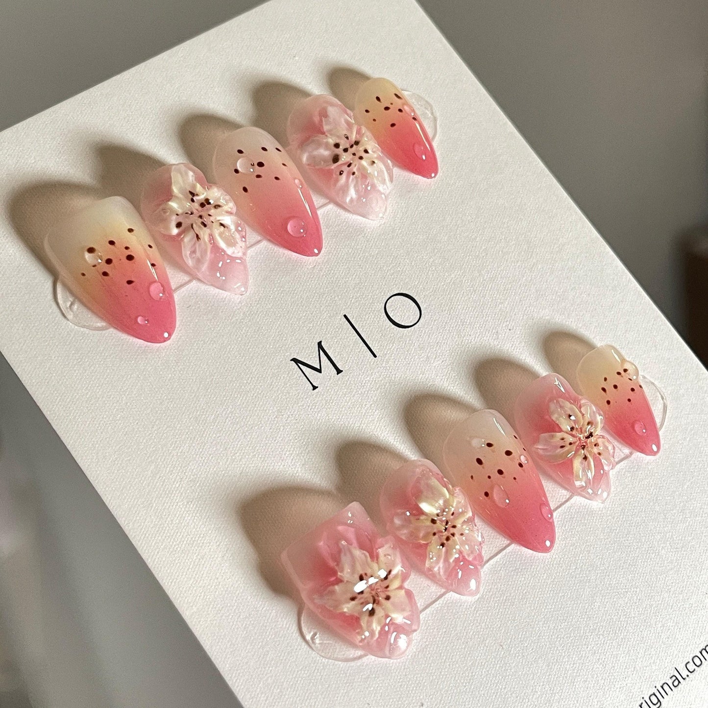 Soft Pink Summer 3D Lily Flower Free Style press on nails, Fairycore Pink and Yellow Floral airbrush ombre