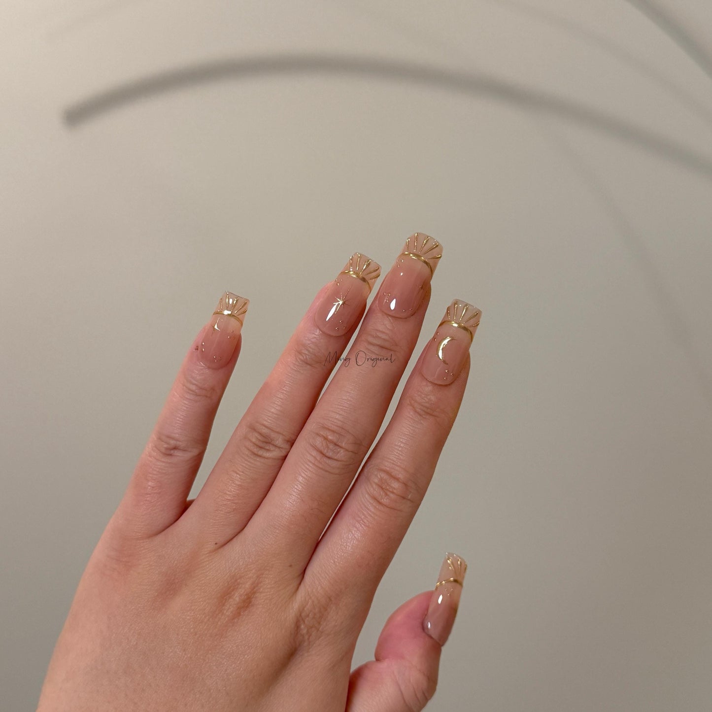 Nude Free style French tip Chrome gold press on nails, Everyday nail, nude handmade art nail, wedding bridal nail,  gift for her, MO424