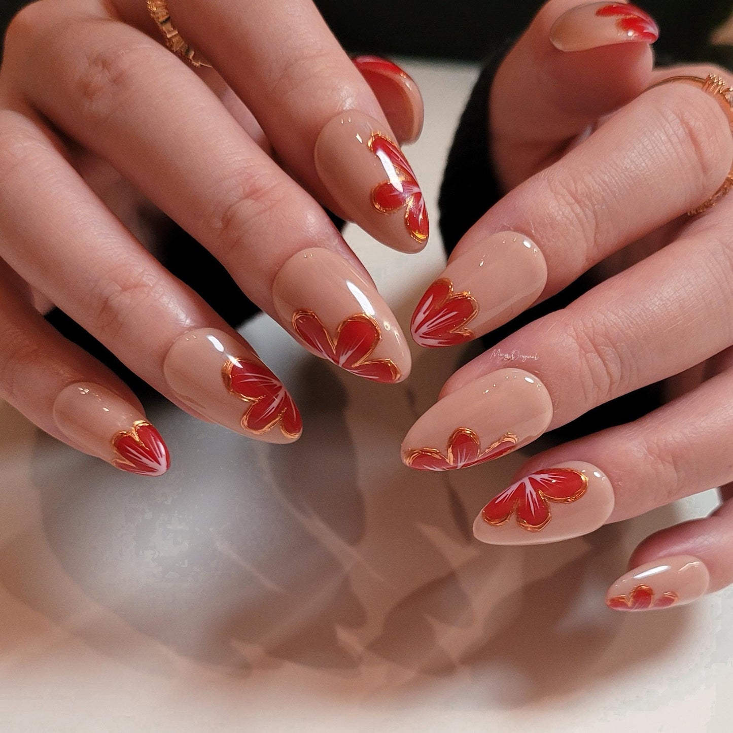 Nude red blossom sculptured flower Press on Nails, Gold Frame Orchard Floral Nails, Jelly Nails, Christmas gift for her, MO302