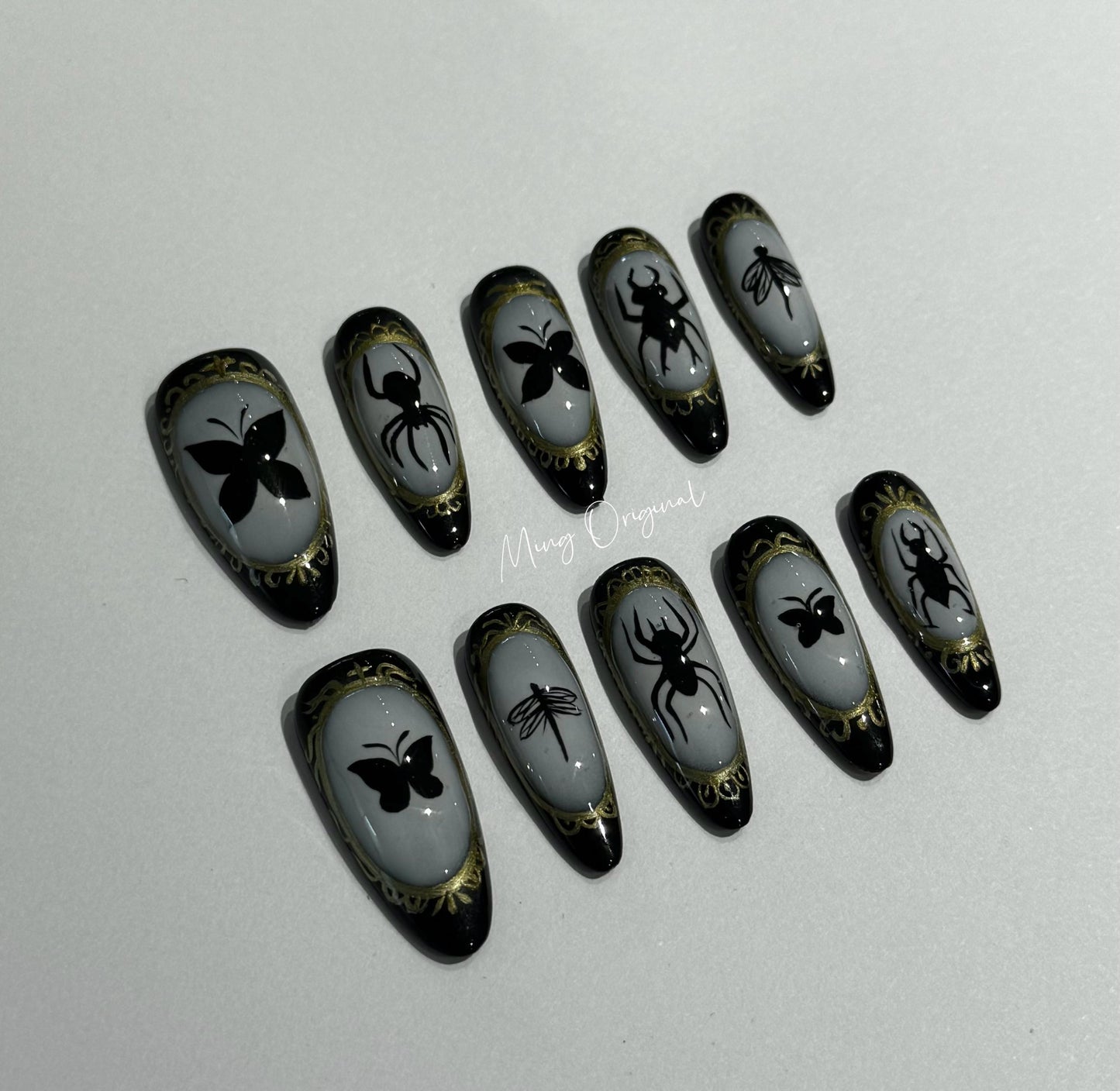 Bug gallery Insect lover press on nails, gold framed beetles butterflies moths reuse nails, fake nail, glue on nail, gift for her, MO273