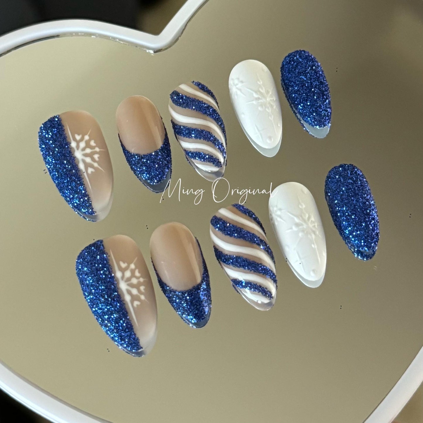 Blue Candy Cane press on Nail, White snowflake and abstract glitter French tip nails, glue on nail, Holiday Fake Nails, Gifts for Her, MO406