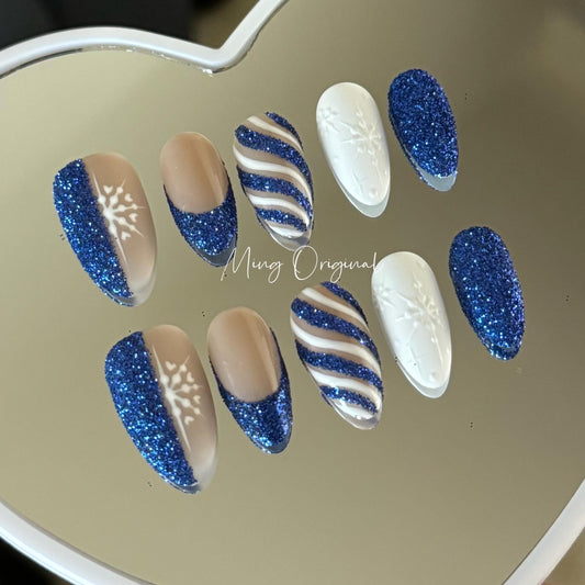 Blue Candy Cane press on Nail, White snowflake and abstract glitter French tip nails, glue on nail, Holiday Fake Nails, Gifts for Her, MO406