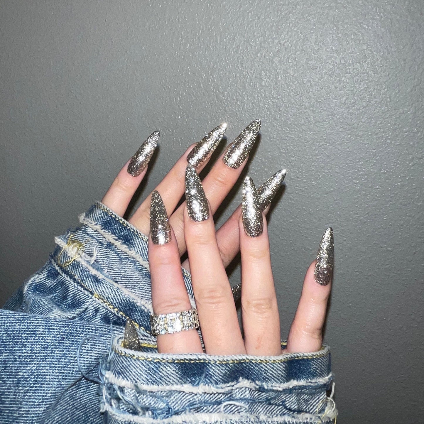Classic silver glitter Press on Nails, bling bling glittery Jelly Nails