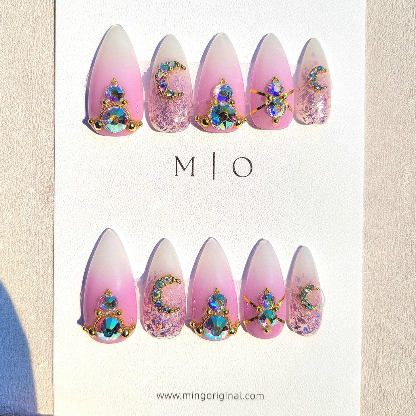 Super glittery AB gem crystal Nail press on, purple holo glitter ombre nail, Faded Milky white ,Celestial moon, gold toned luxurious nail