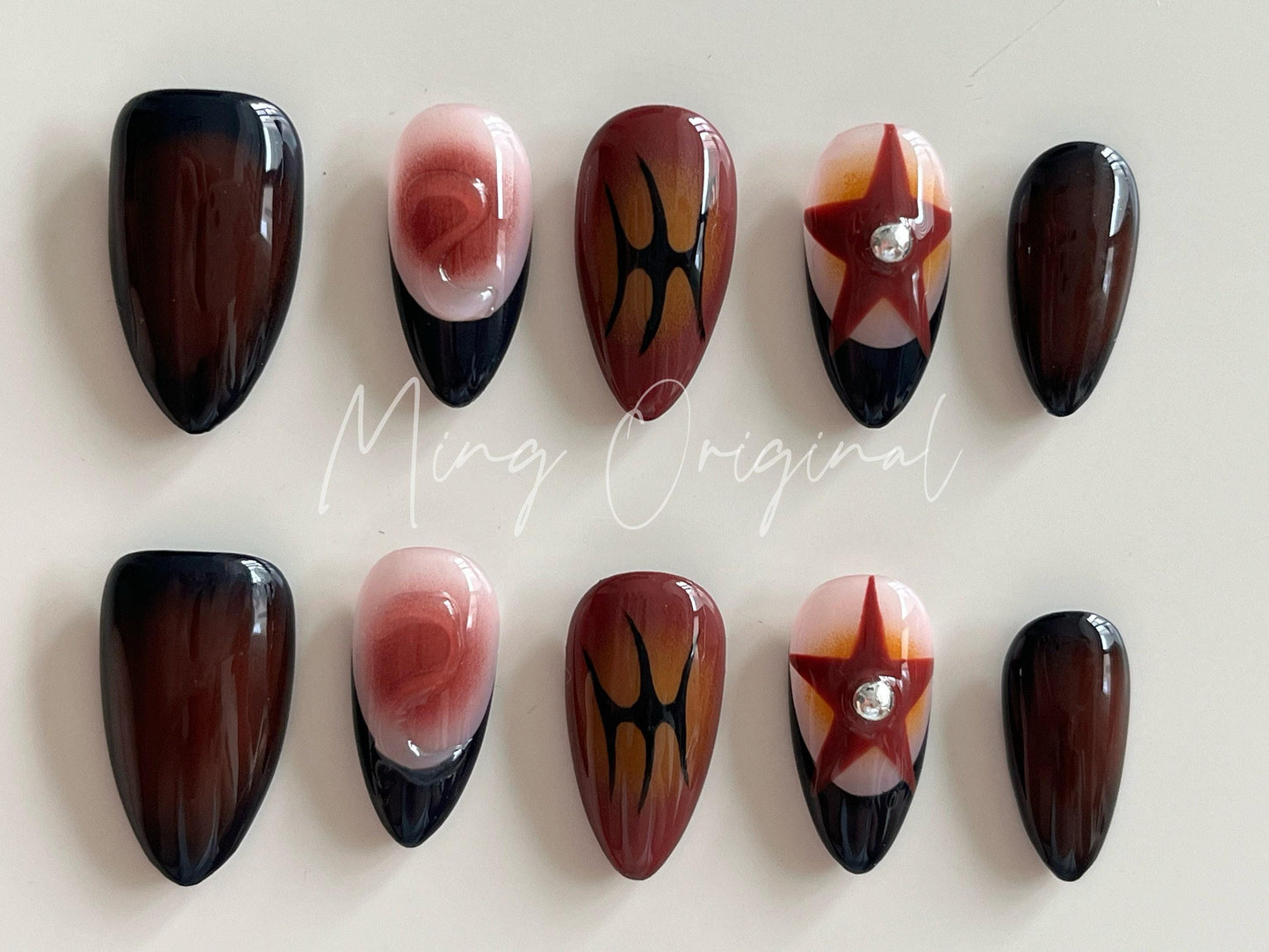 Free style Autumn airbrush press on nails, Y2K star, ombre color, 3d nail,  French nails, ,hand painted nail, gift for her