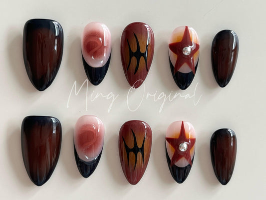 Free style Autumn airbrush press on nails, Y2K star, ombre color, 3d nail,  French nails, ,hand painted nail, gift for her