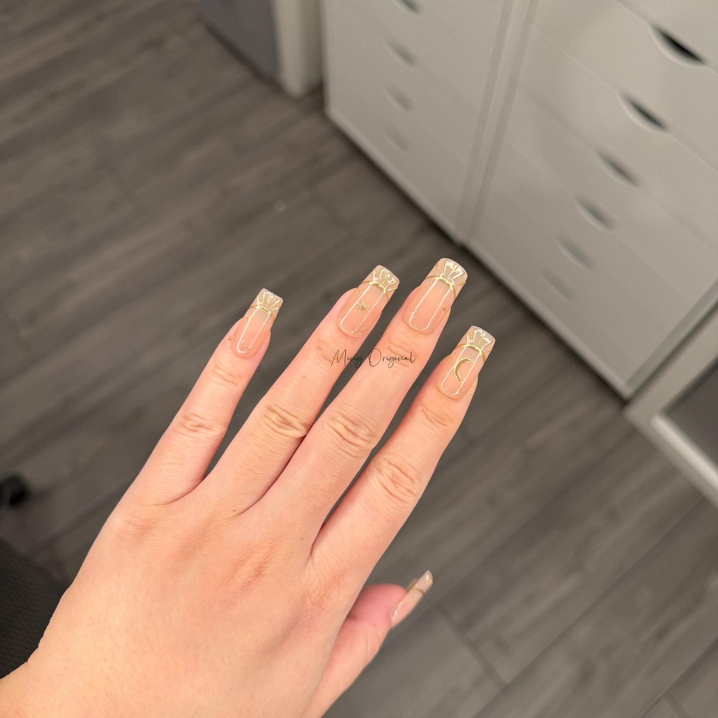 Nude Free style French tip Chrome gold press on nails, Everyday nail, nude handmade art nail, wedding bridal nail,  gift for her, MO424