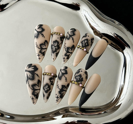 Shadow flower Press on Nails,  Black Orchard Floral Nails, matte Jelly Nails, gift for her, MO251