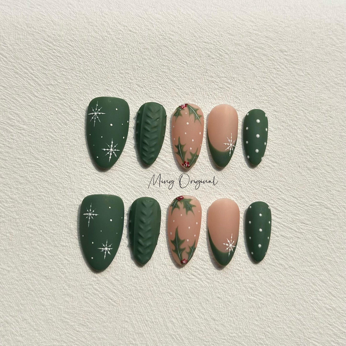 Christmas green sweater press on Nail, cherry tree and snowflake French tip nails, glue on nail, Holiday Fake Nails, Gifts for Her, MO298