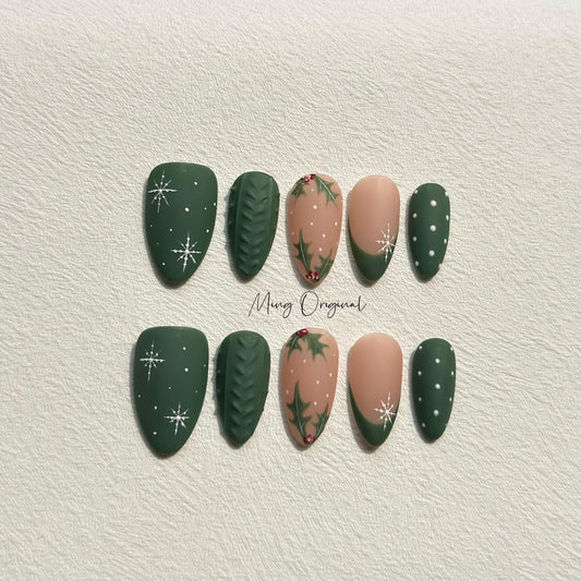 Christmas green sweater press on Nail, cherry tree and snowflake French tip nails, glue on nail, Holiday Fake Nails, Gifts for Her, MO298