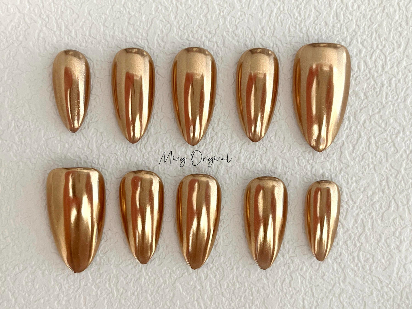 Gold Mirror Chrome Press on Nails, Classy gold hand painted fake Nails, glue on nail, holiday birthday gift for her MO409