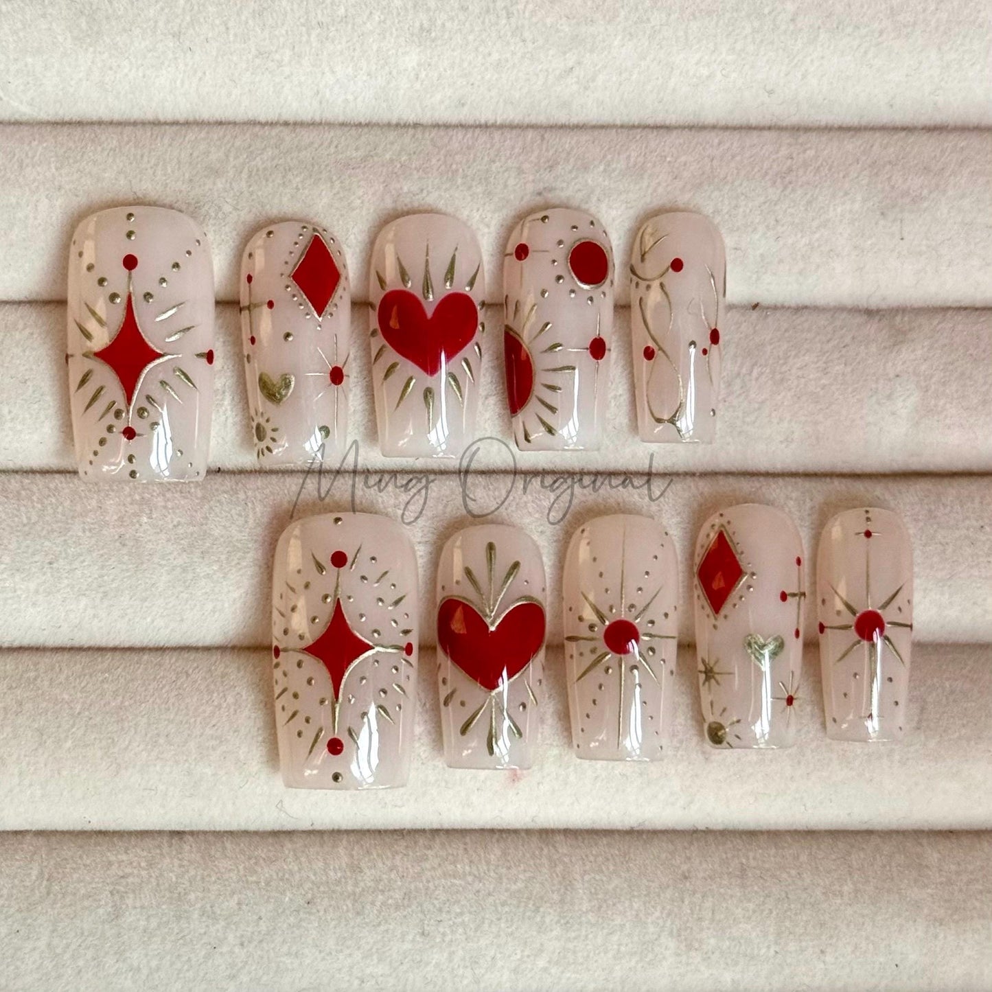 Celestial red heart and sun chrome Press on Nails, hand painted free style heart handmade Nails, vintage style, gift for her, MO437