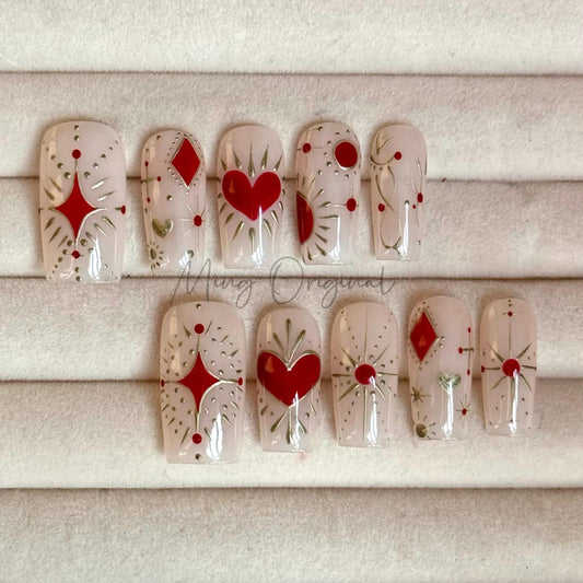 Celestial red heart and sun chrome Press on Nails, hand painted free style heart handmade Nails, vintage style, gift for her, MO437