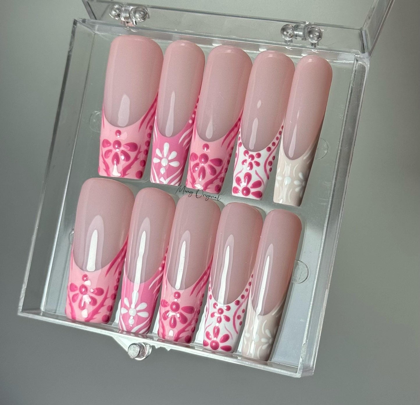 Pink boho French tip patchwork Press on Nails, hand painted artist Nails, glue on nail, birthday holiday gift for her MO390
