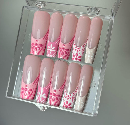 Pink boho French tip patchwork Press on Nails, hand painted artist Nails, glue on nail, birthday holiday gift for her MO390