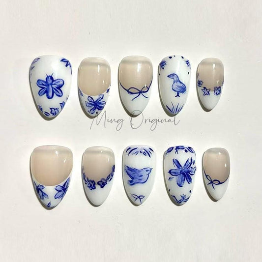 Ceramic porcelain spring cute bird and bee press on nail, white french tip floral bow coquette nails, glue on nail, gift for her, MO434