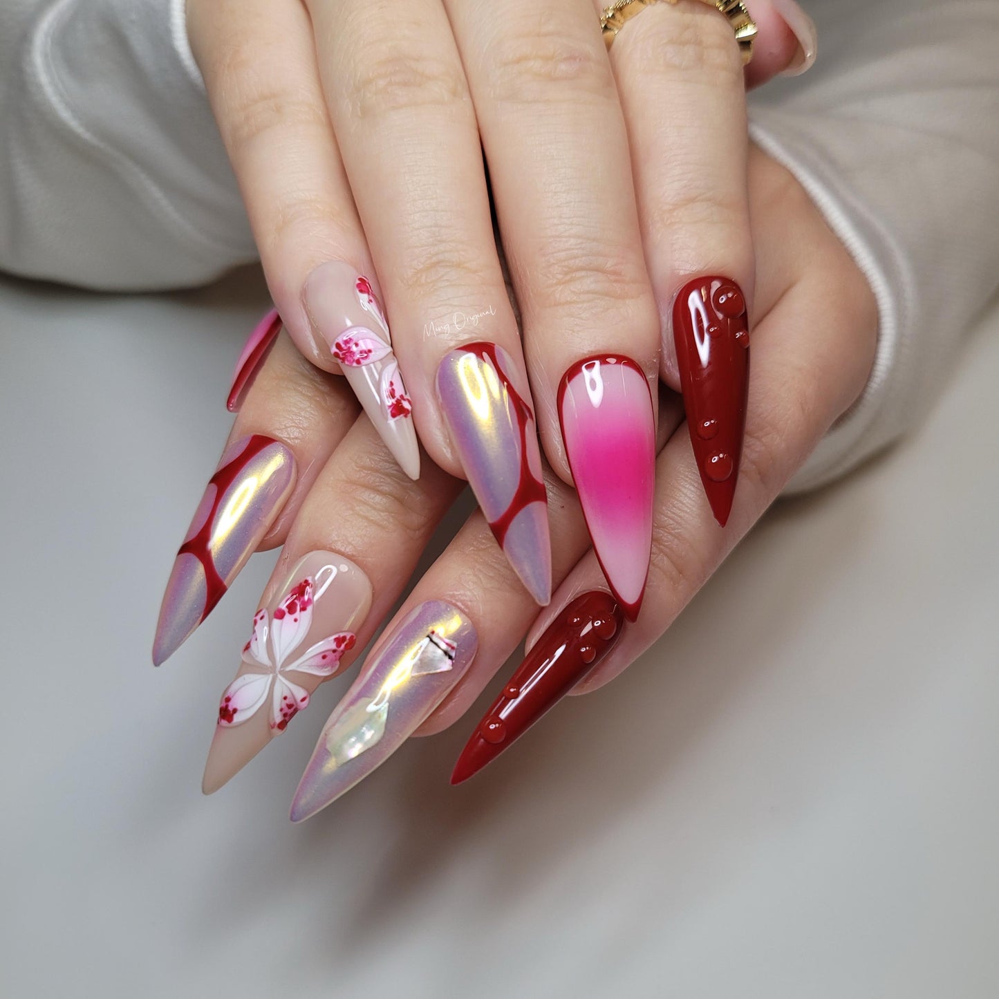 Red Halloween Orchid lily flower Press on Nails, chrome nail, red abstract line, free style 3d sculpted Fairycore Tropical Floral