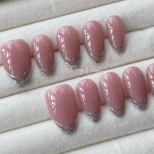 French Tip Collection, silver glitter  tip Press on Nails, pink glittery everyday nail ,glue on nail, birthday holiday gift for her,MO328