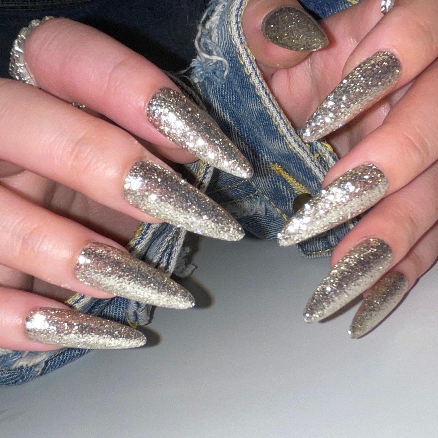 Classic silver glitter Press on Nails, bling bling glittery Jelly Nails