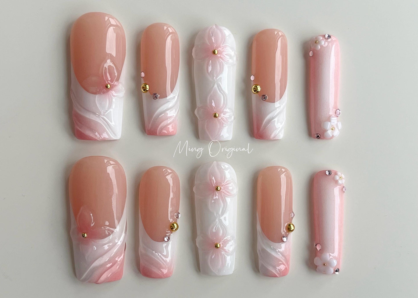 Pink 3D sculptured flower Press on Nails, Mermaid ombre french tip Nails, Clear Orchard Floral Nails, Jelly Nails, glue on nails, MO366