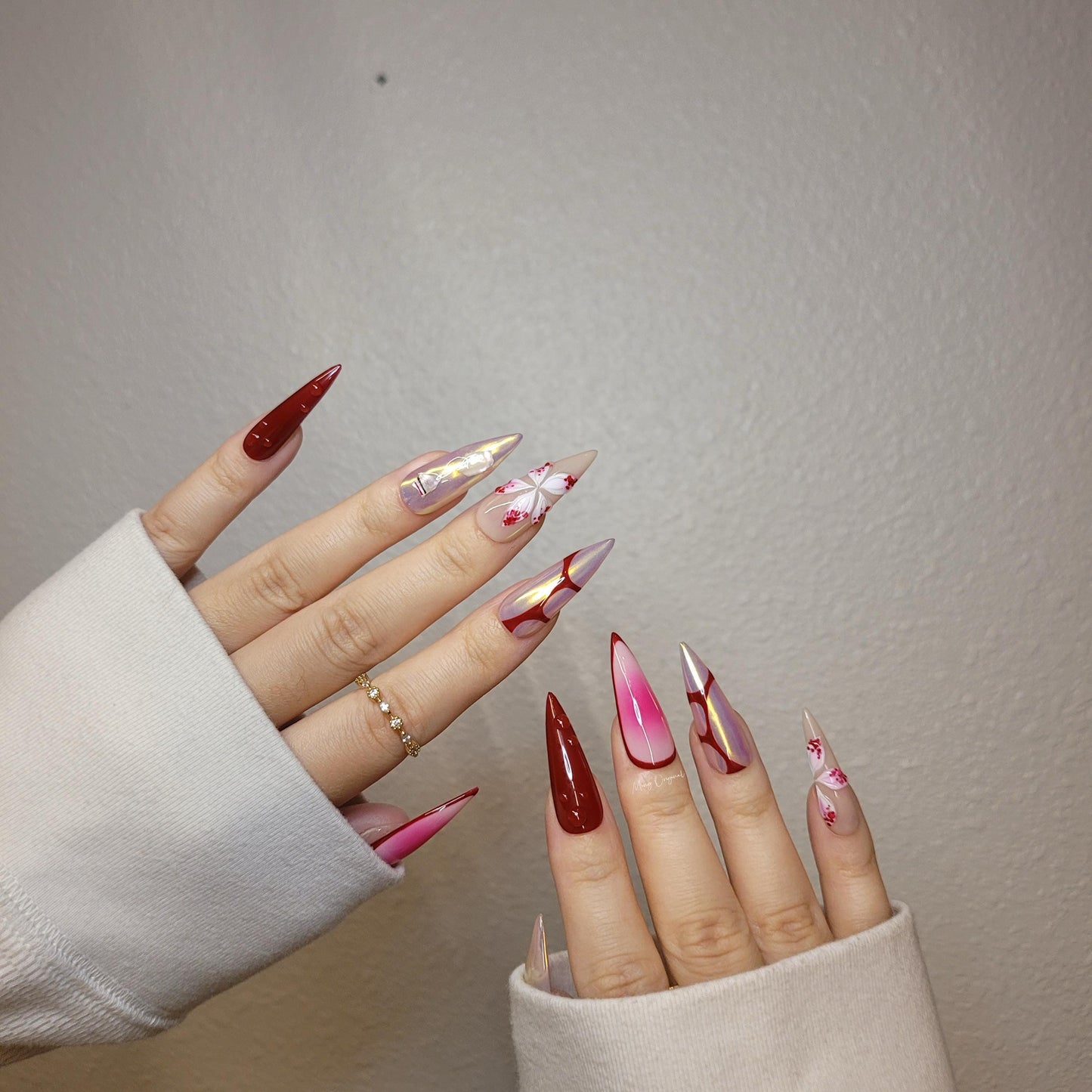 Red Halloween Orchid lily flower Press on Nails, chrome nail, red abstract line, free style 3d sculpted Fairycore Tropical Floral