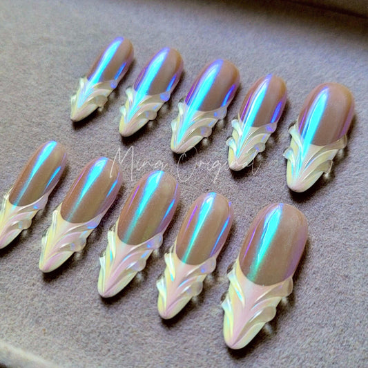 3D Free Style French Mermaid press on nails, Vibrant color, Pearlescent Aurora, multicolored purple blue green chrome, French tip