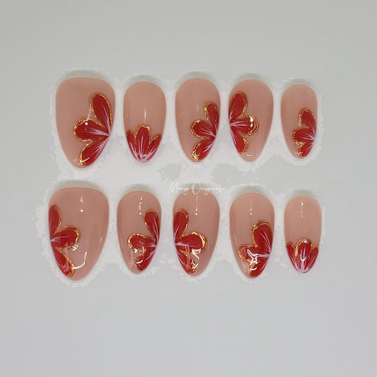 Nude red blossom sculptured flower Press on Nails, Gold Frame Orchard Floral Nails, Jelly Nails, Christmas gift for her, MO302