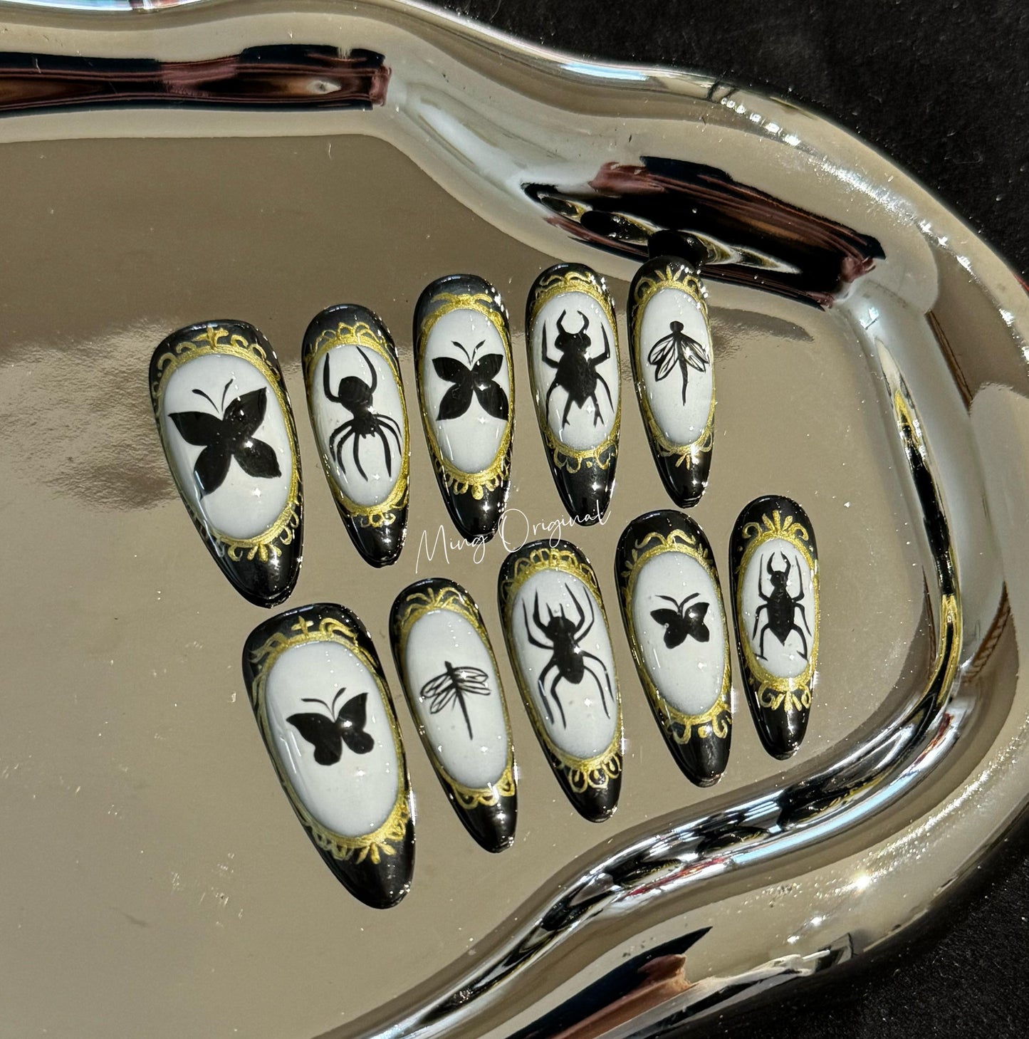Bug gallery Insect lover press on nails, gold framed beetles butterflies moths reuse nails, fake nail, glue on nail, gift for her, MO273