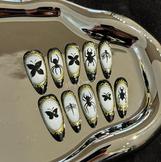 Bug gallery Insect lover press on nails, gold framed beetles butterflies moths reuse nails, fake nail, glue on nail, gift for her, MO273