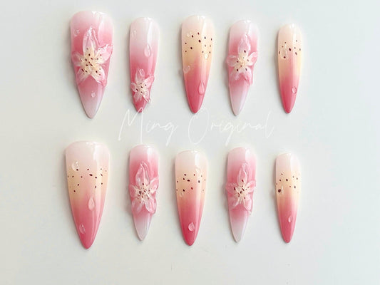 Soft Pink Summer 3D Lily Flower Free Style press on nails, Fairycore Pink and Yellow Floral airbrush ombre