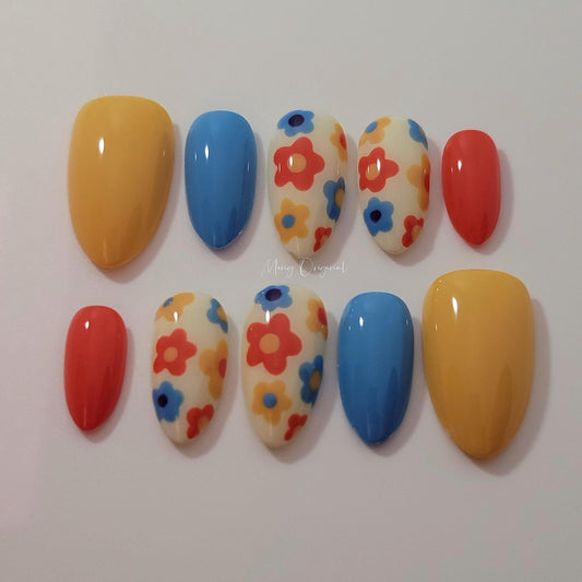 Vintage style little flower press on Nail, orange yellow blue flower glue on nail, Holiday Fake Nails, Christmas Gifts for Her, MO371