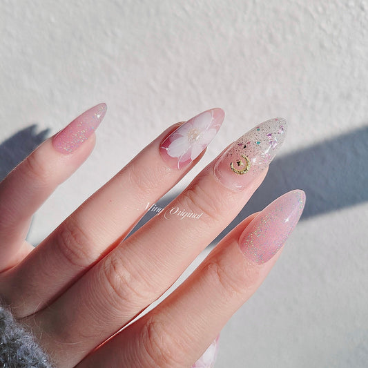 Reusable white flower art nail, holographic cat eye press on Nails, ombre glitter, Nail Artist faux nail, Handmade Gel Nail, pink jelly Nail