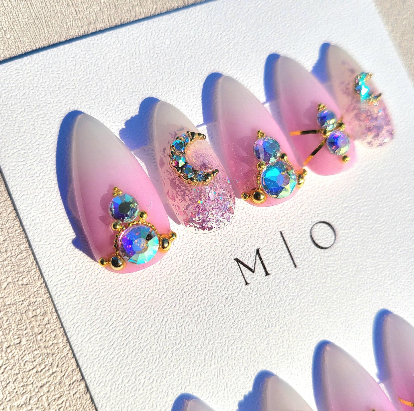 Super glittery AB gem crystal Nail press on, purple holo glitter ombre nail, Faded Milky white ,Celestial moon, gold toned luxurious nail