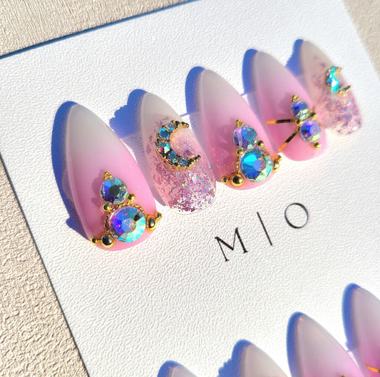 Super glittery AB gem crystal Nail press on, purple holo glitter ombre nail, Faded Milky white ,Celestial moon, gold toned luxurious nail