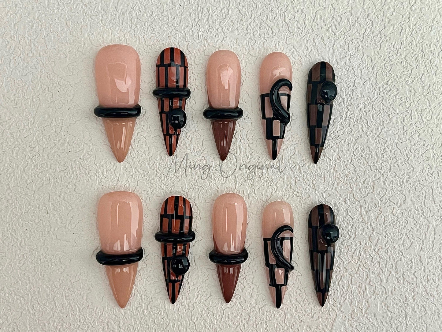 Brown Plaid Press On Nails with 3D Black Details, Geometric Abstract Design, Handmade Nails, Modern Nail Art, Gift For Her,MO464