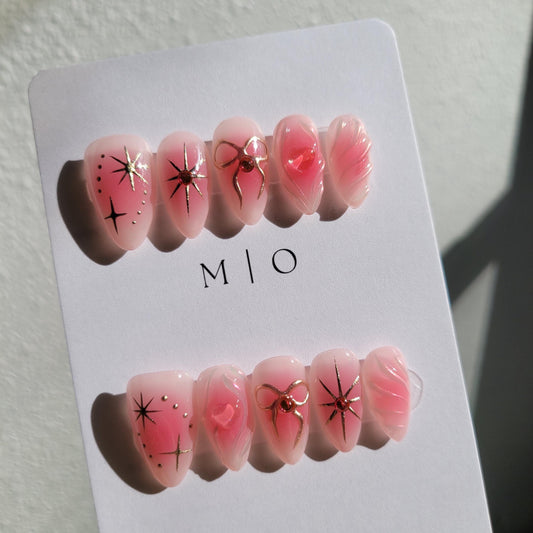 3d blushed pink glittery heart and bow coquette aura chrome Press on Nails,ombre milky white free style 3d swirls heart handmade Nails,MO274