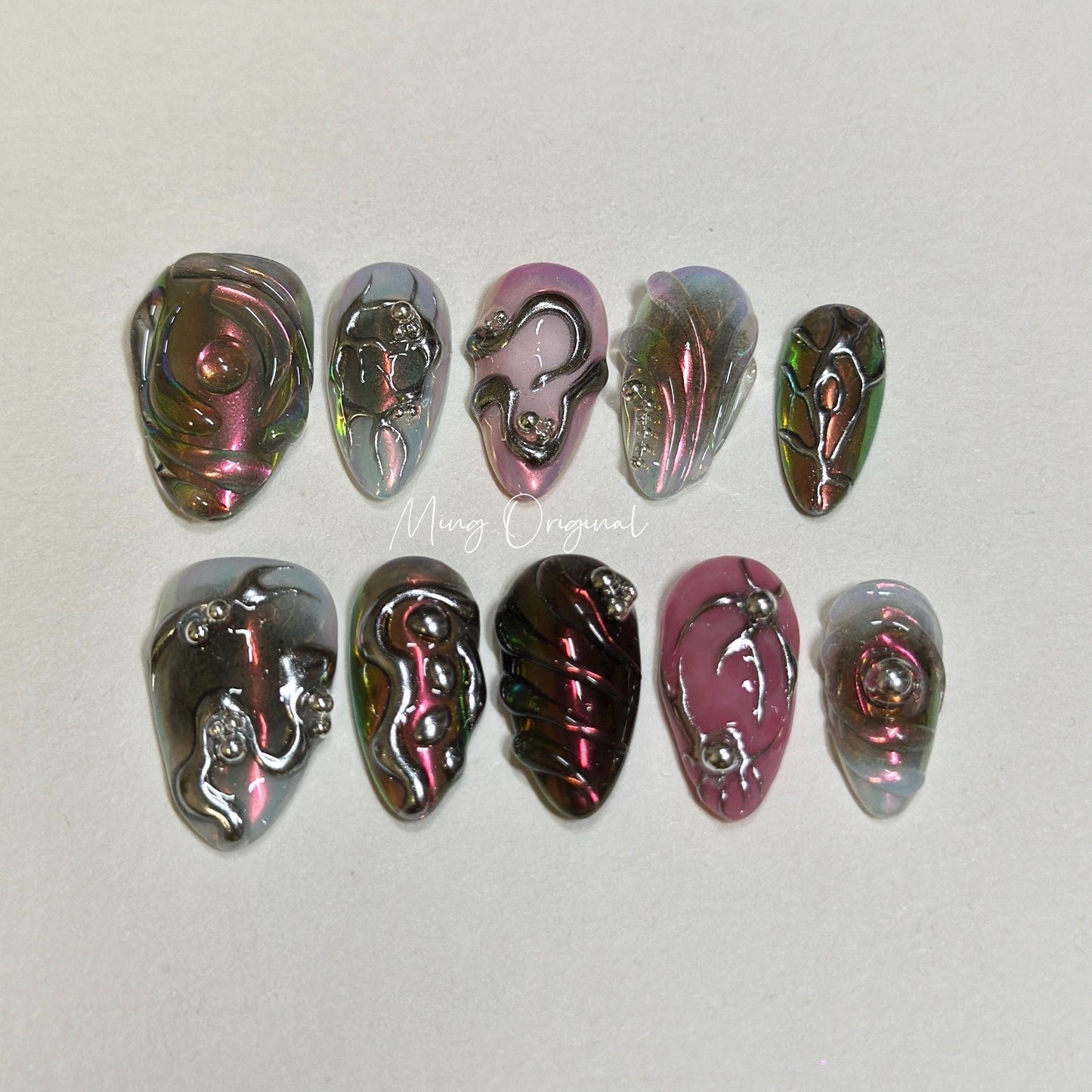 Free style chrome mirror gothic Nail press on, purple and black 3d Silver Metallic fake goth nail, holiday birthday gift for her, MO293