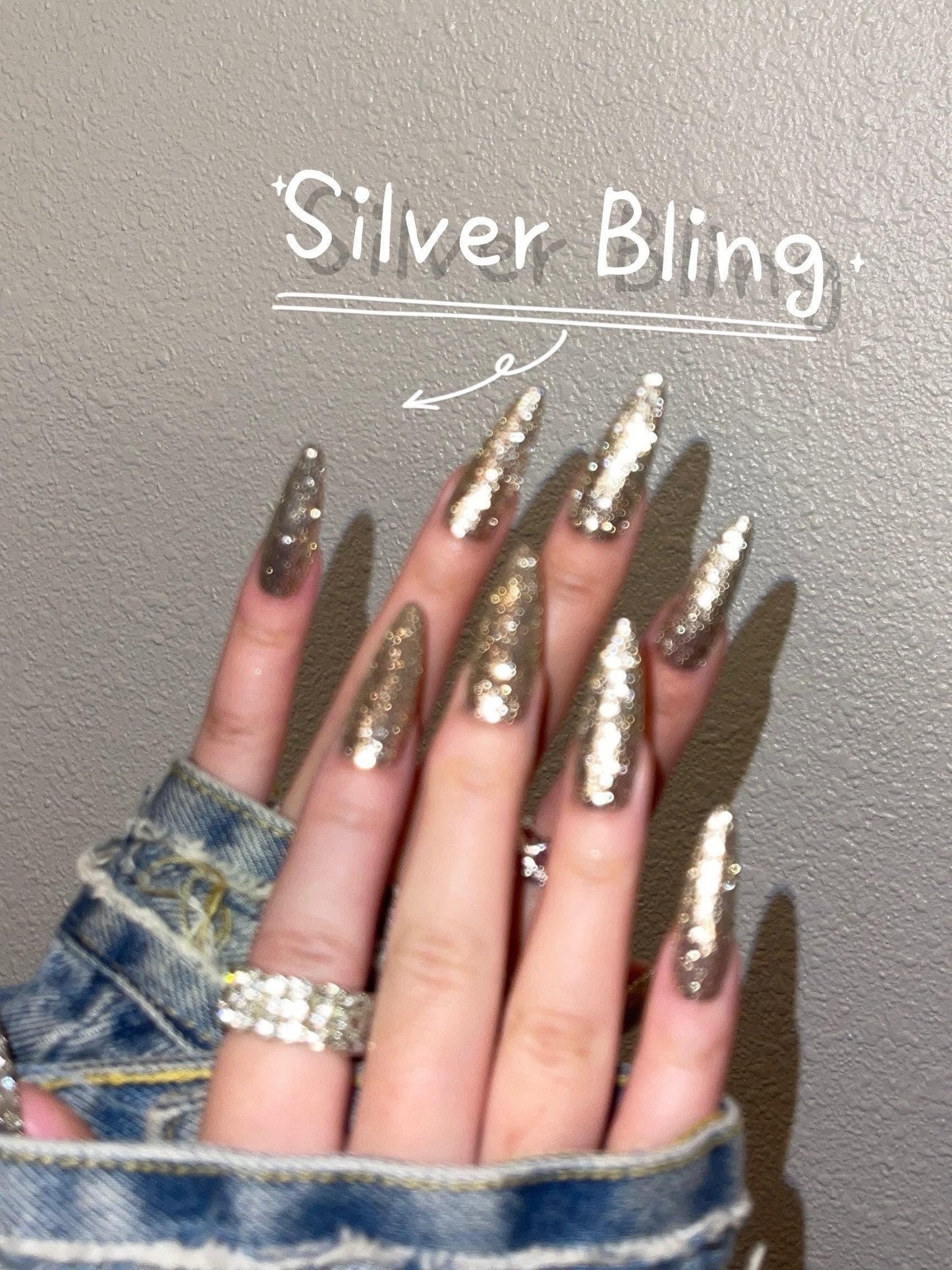 Classic silver glitter Press on Nails, bling bling glittery Jelly Nails