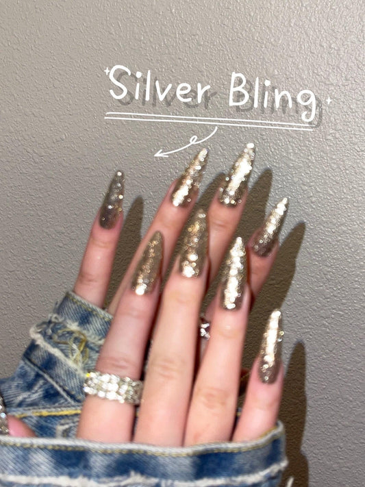 Classic silver glitter Press on Nails, bling bling glittery Jelly Nails