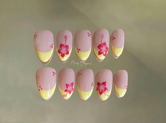 Yellow French tip Flower press on nails, Floral Nail, fake nail, false nail, gift for her