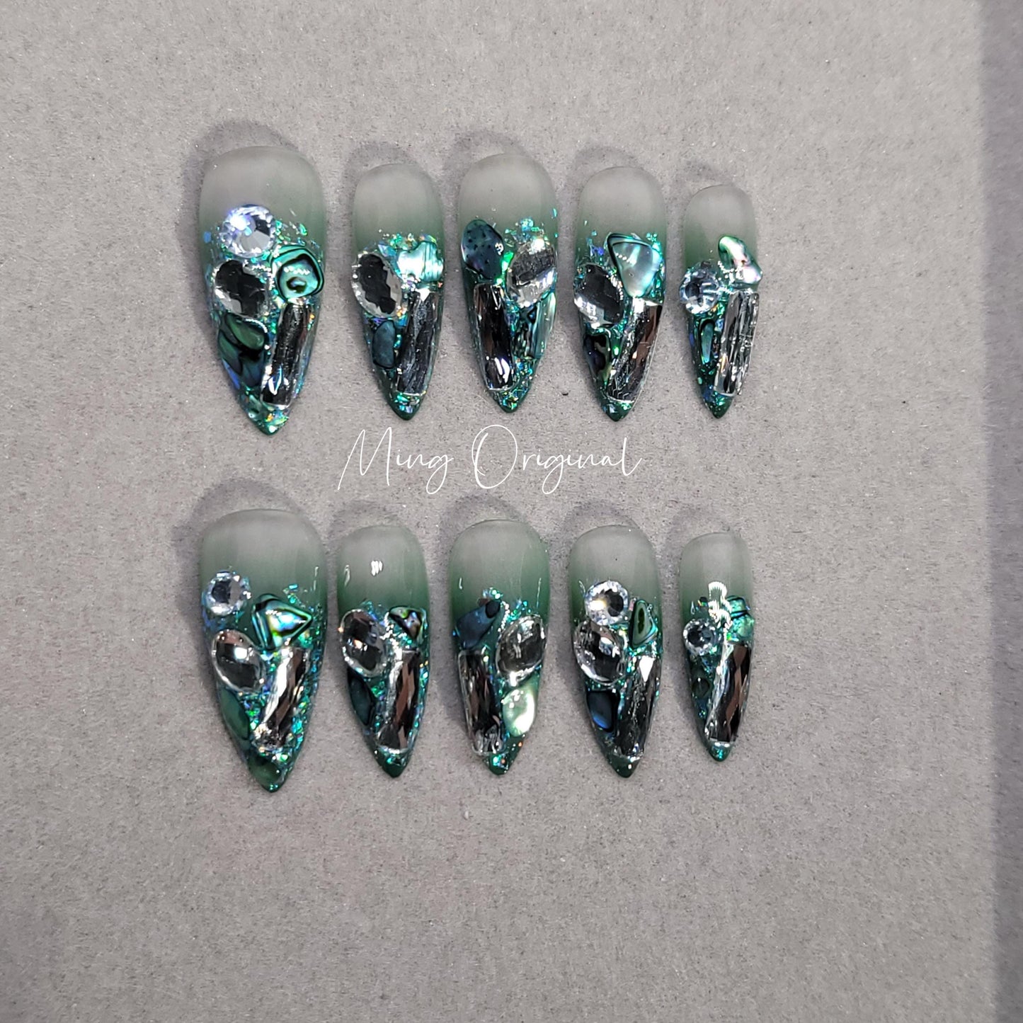 Mystery Christmas bling press on nails, green shells and ombre glue on glittery crystal nails, reuse nails, jelly fake nail, MO278