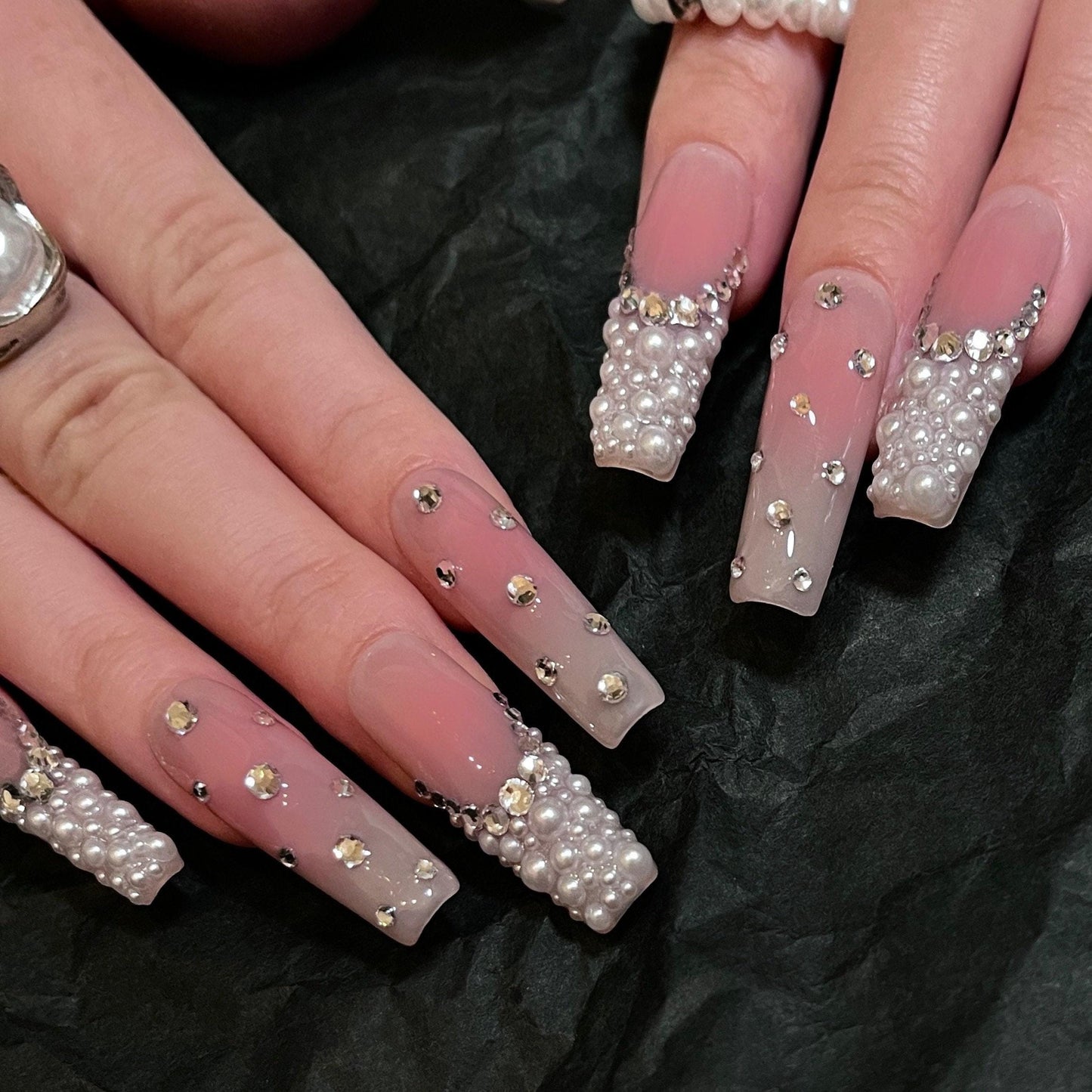 Da pearl| Pink blush Press on Nails,  French Nude Nails, Rhinestone bling Nails, Sparkly Diamond Nails, jewel nail, pearlescent nail,