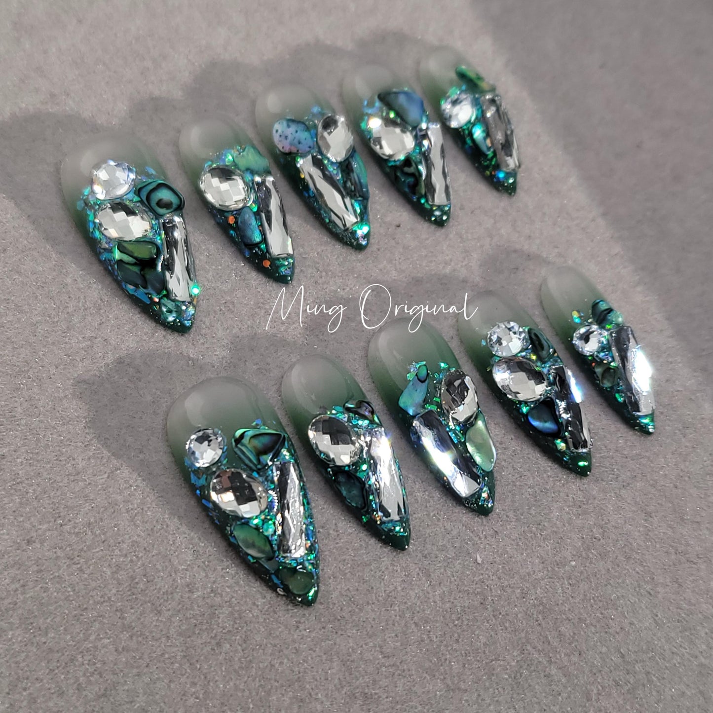 Mystery Christmas bling press on nails, green shells and ombre glue on glittery crystal nails, reuse nails, jelly fake nail, MO278