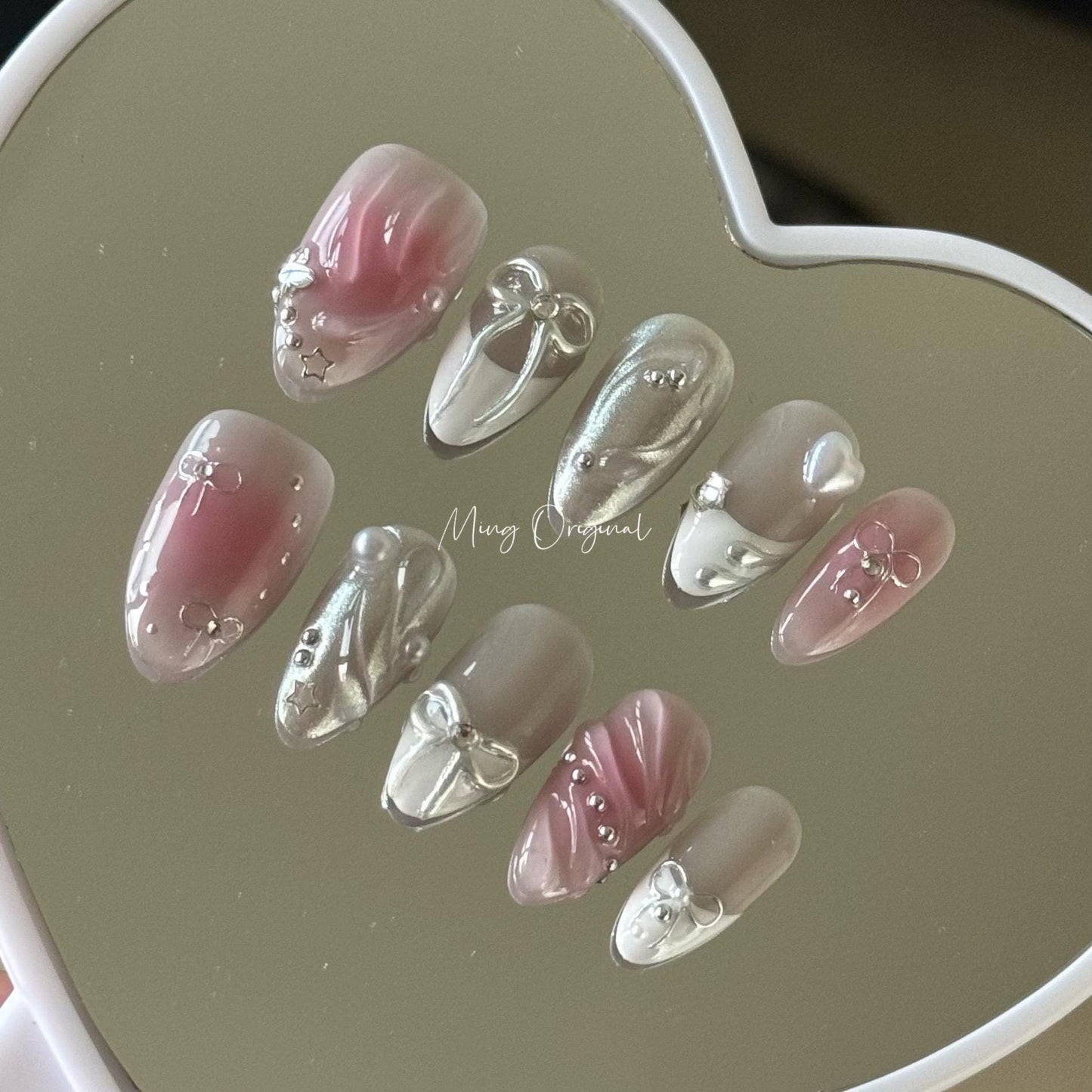 3d bow coquette xmas vibe free style press on nails, heart pearls and silver chrome detail nail, glue on nail, gift for her,MO372
